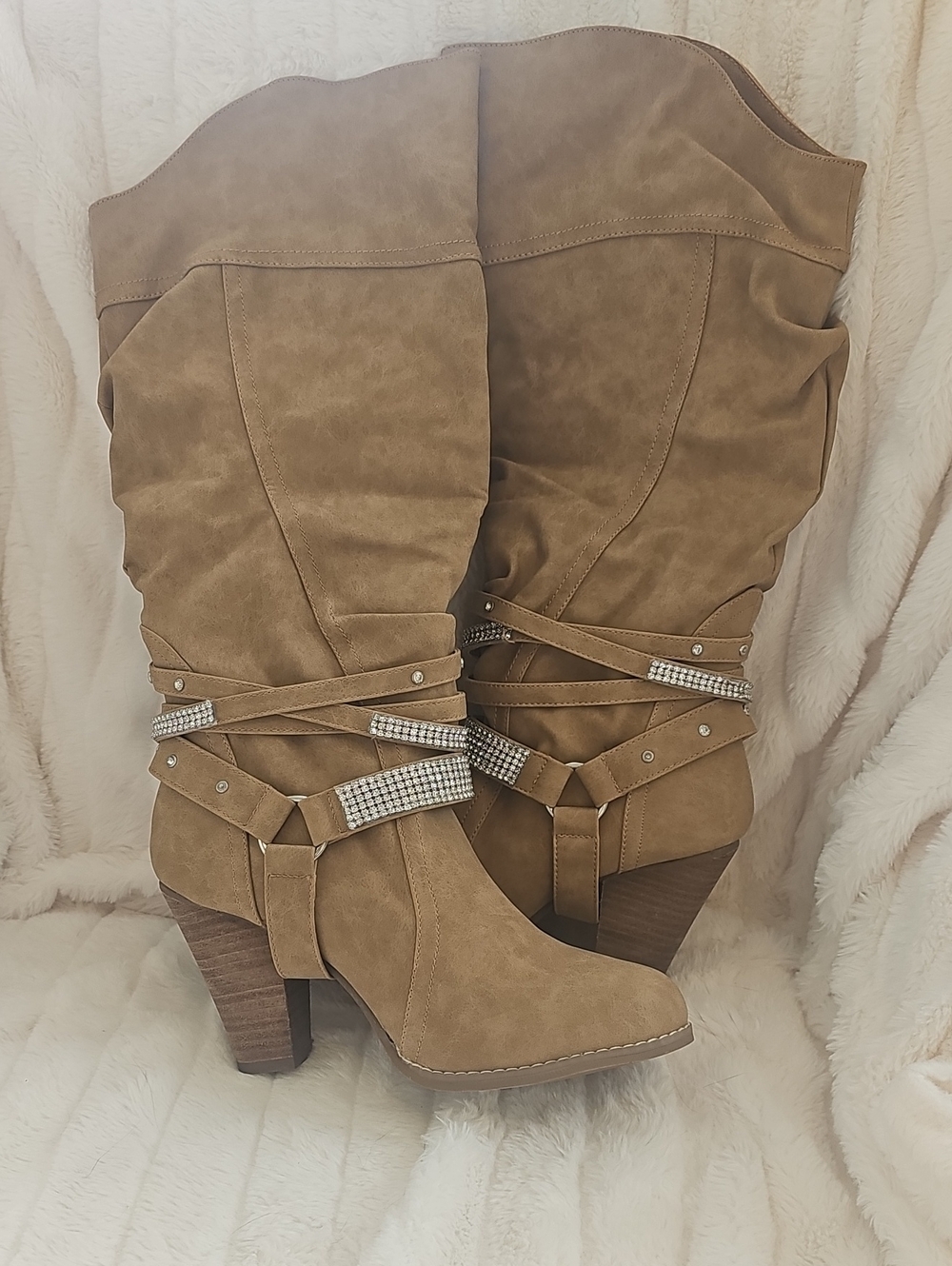 Not Rated Tan Mid-Calf Heeled Boots with Rhinestone Wrap Straps